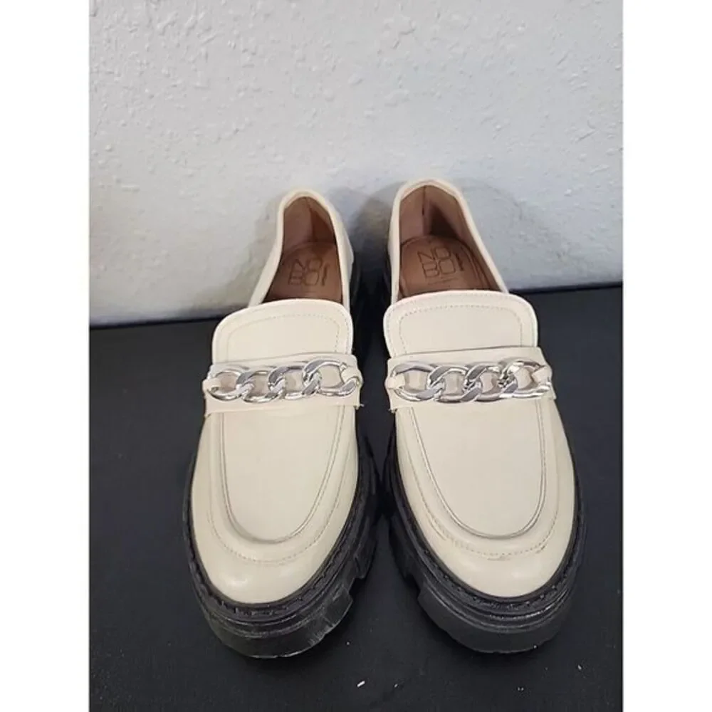 NOBO Chunky Heel Platform Oxford Shoes Cream Silver Chain Slip On Shoes Size 7